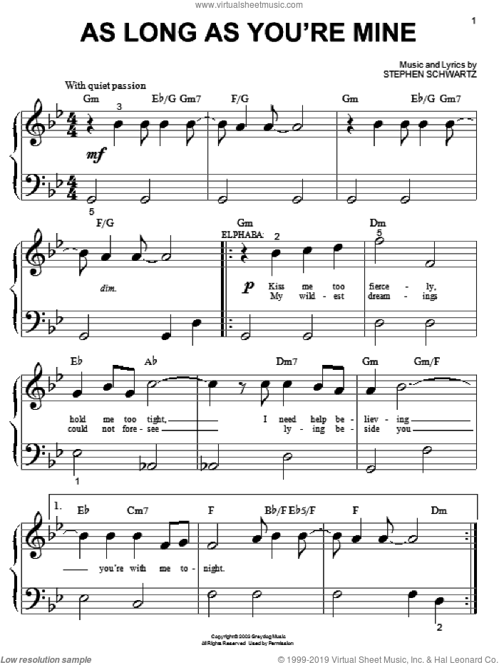 As Long As You're Mine (from Wicked) sheet music for piano solo (big note book) by Stephen Schwartz and Wicked (Musical), easy piano (big note book)
