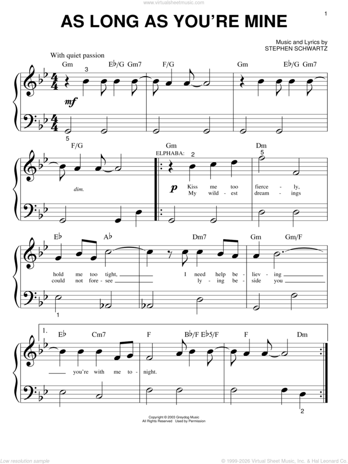 As Long As You're Mine (from Wicked) sheet music for piano solo (big note book) by Stephen Schwartz and Wicked (Musical), easy piano (big note book)