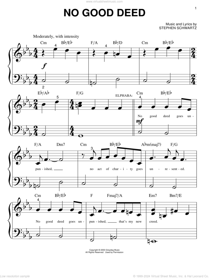 No Good Deed (from Wicked) sheet music for piano solo (big note book) by Stephen Schwartz and Wicked (Musical), easy piano (big note book)