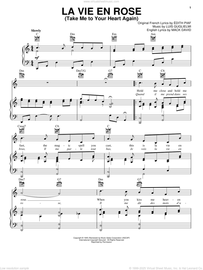 La Vie En Rose (Take Me To Your Heart Again) sheet music for voice, piano or guitar by Edith Piaf, Edith Gassion, Mack David and Marcel Louiguy, wedding score, intermediate skill level