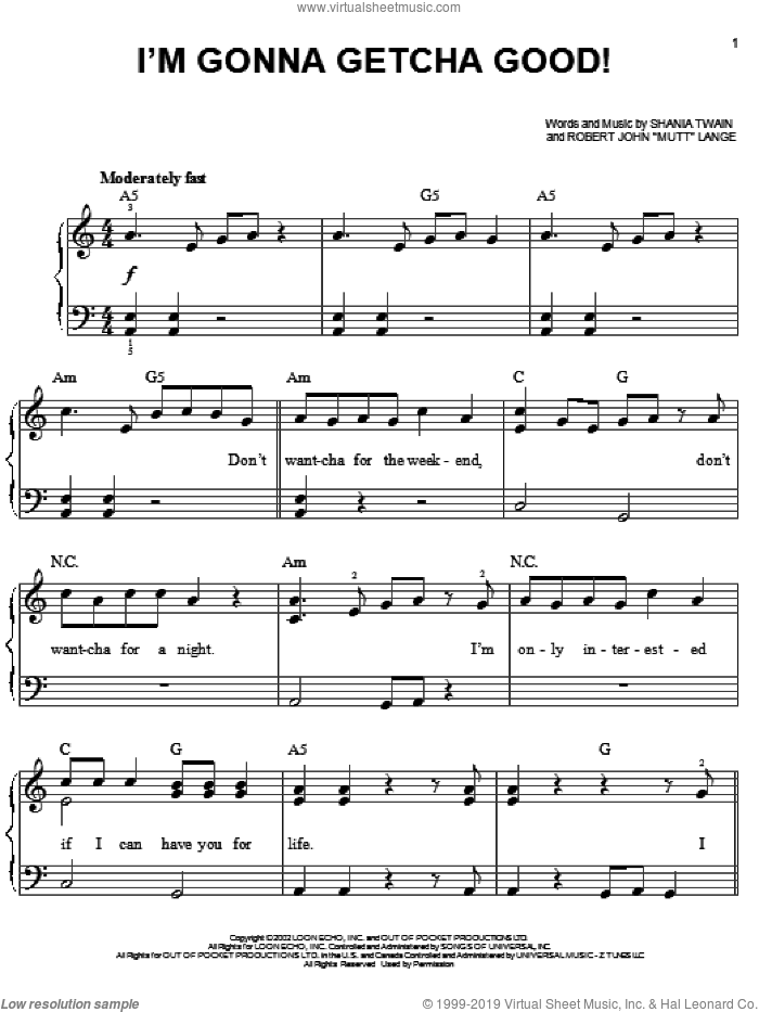 I'm Gonna Getcha Good! sheet music for piano solo by Shania Twain, Jonas Brothers and Robert John Lange, easy skill level