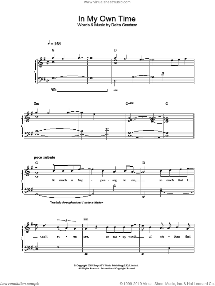 In My Own Time, (intermediate) sheet music for piano solo by Delta Goodrem, intermediate skill level