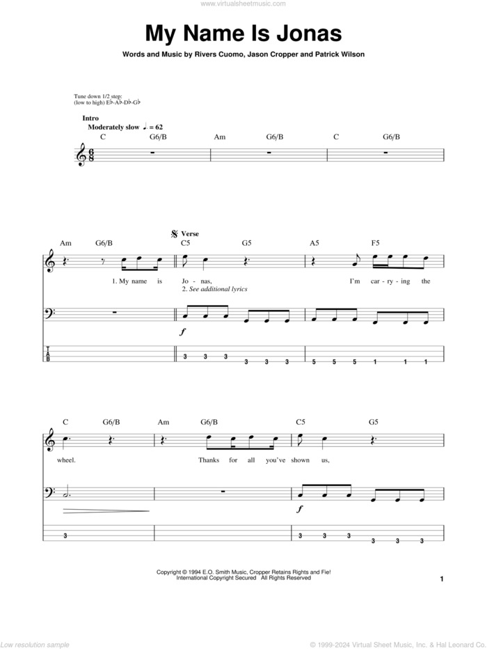 My Name Is Jonas sheet music for bass (tablature) (bass guitar) by Weezer, Jason Cropper, Patrick Wilson and Rivers Cuomo, intermediate skill level