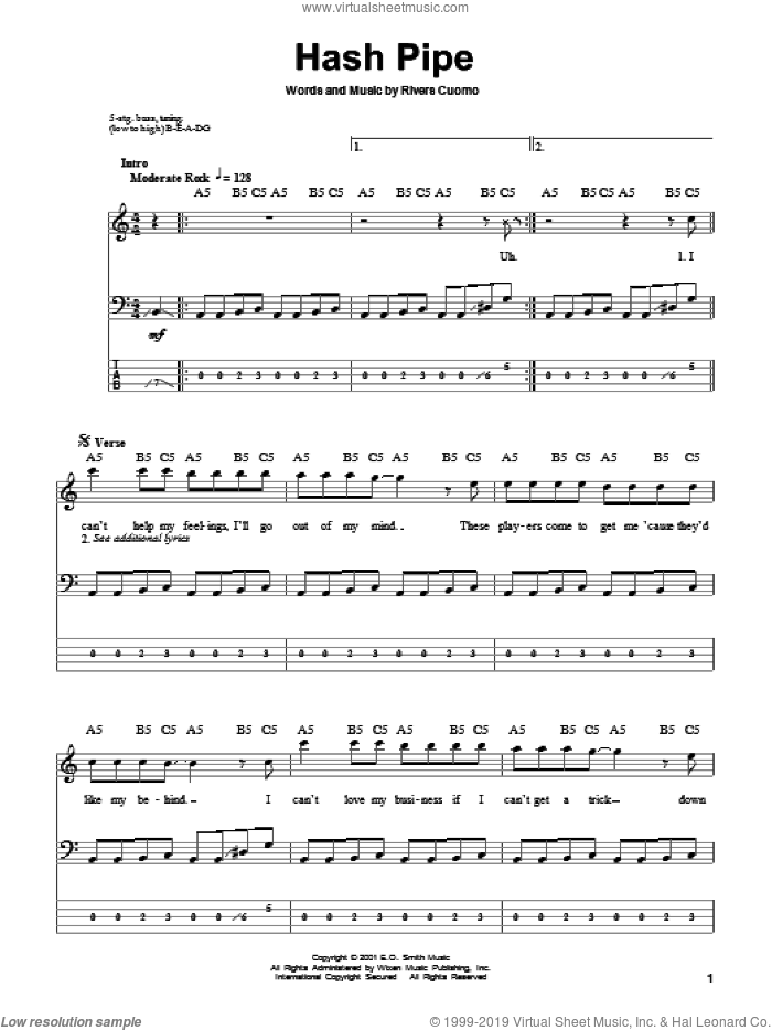Hash Pipe sheet music for bass (tablature) (bass guitar) by Weezer and Rivers Cuomo, intermediate skill level