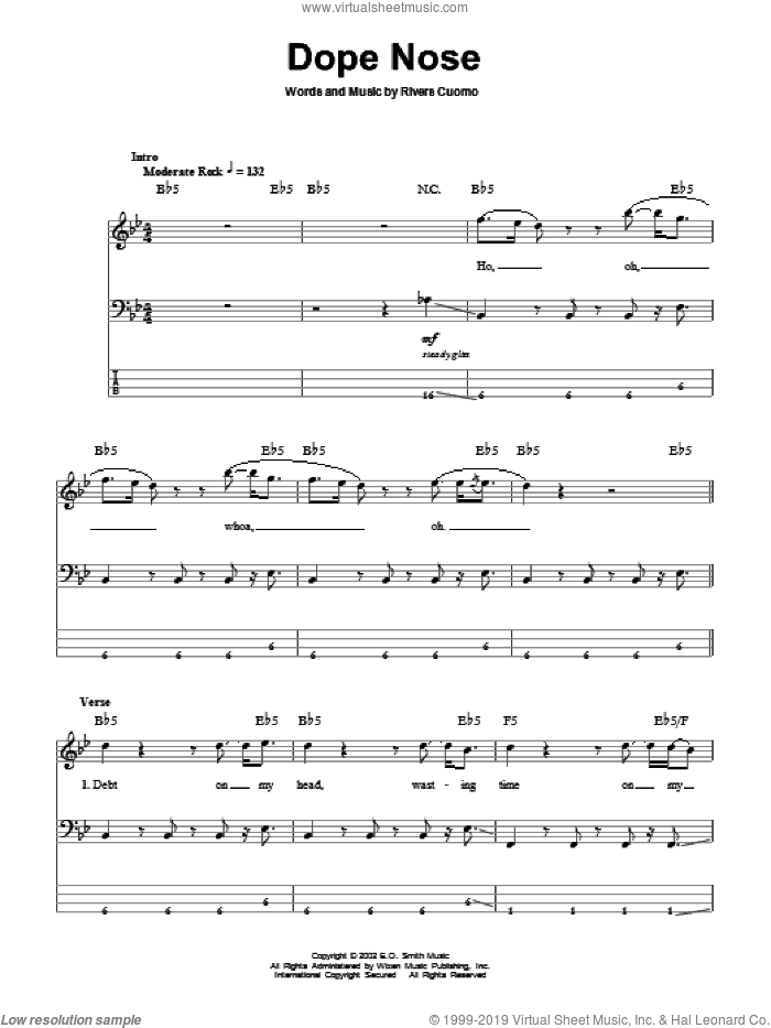 Dope Nose sheet music for bass (tablature) (bass guitar) by Weezer and Rivers Cuomo, intermediate skill level