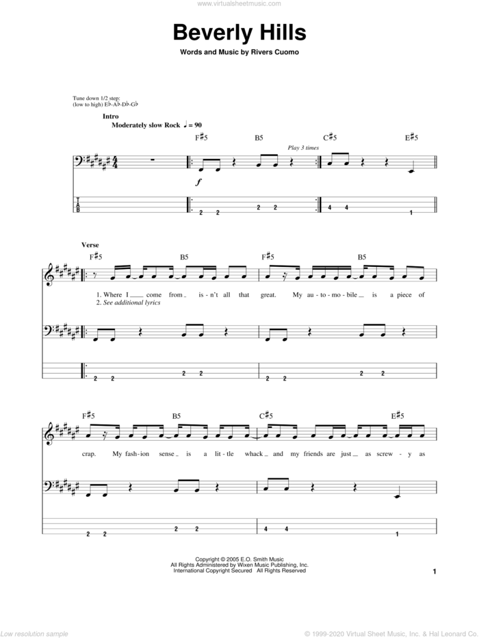 Beverly Hills sheet music for bass (tablature) (bass guitar) by Weezer and Rivers Cuomo, intermediate skill level