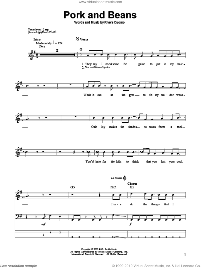 Pork And Beans sheet music for bass (tablature) (bass guitar) by Weezer and Rivers Cuomo, intermediate skill level