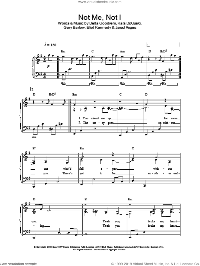 Not Me, Not I, (intermediate) sheet music for piano solo by Delta Goodrem, intermediate skill level