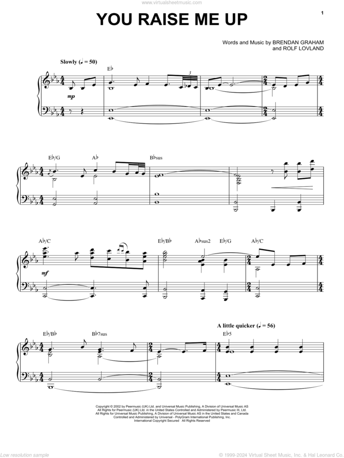 You Raise Me Up sheet music for voice and piano by Josh Groban, Secret Garden, Brendan Graham and Rolf Lovland, wedding score, intermediate skill level