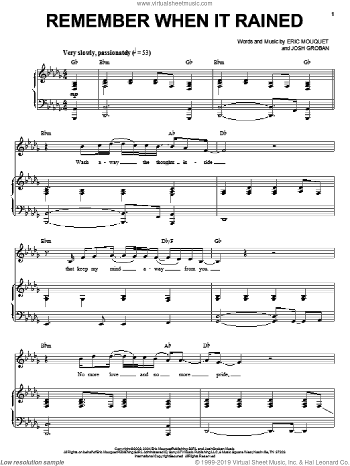 Remember When It Rained sheet music for voice and piano by Josh Groban and Eric Mouquet, intermediate skill level