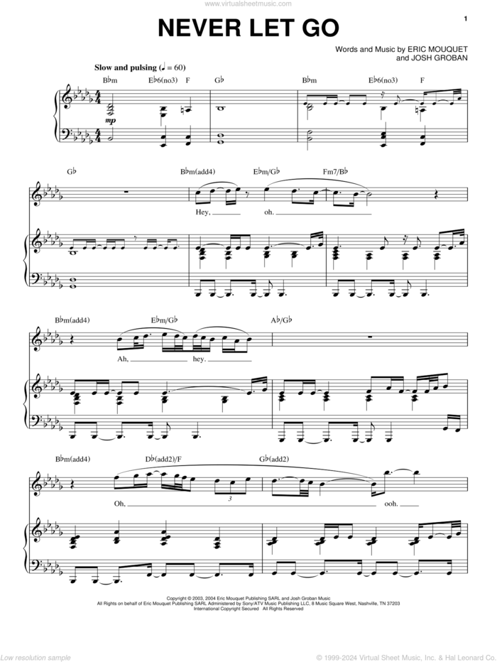 Never Let Go sheet music for voice and piano by Josh Groban and Eric Mouquet, intermediate skill level