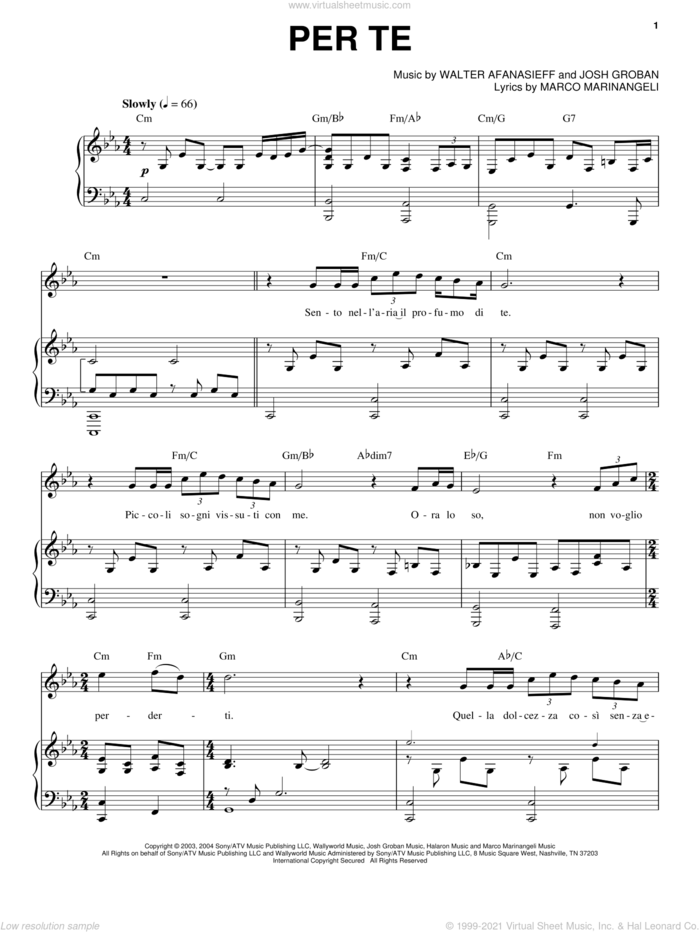 Per Te sheet music for voice and piano by Josh Groban, Marco Marinangeli and Walter Afanasieff, intermediate skill level