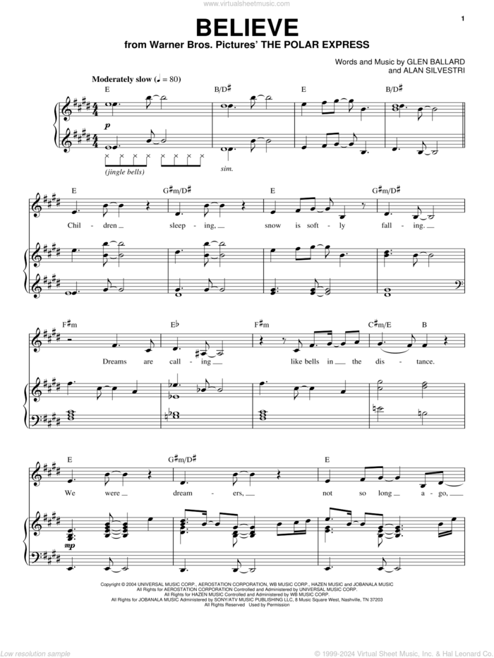 Believe (from The Polar Express) sheet music for voice and piano by Josh Groban, Alan Silvestri and Glen Ballard, intermediate skill level