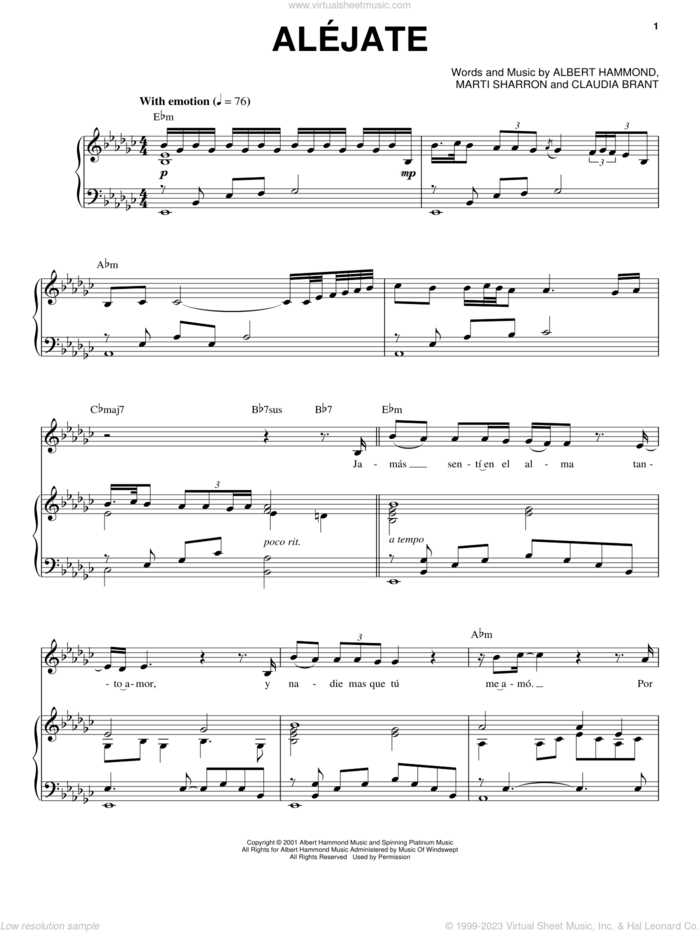 Alejate sheet music for voice and piano by Josh Groban, Albert Hammond, Claudia Brant and Marti Sharron, intermediate skill level