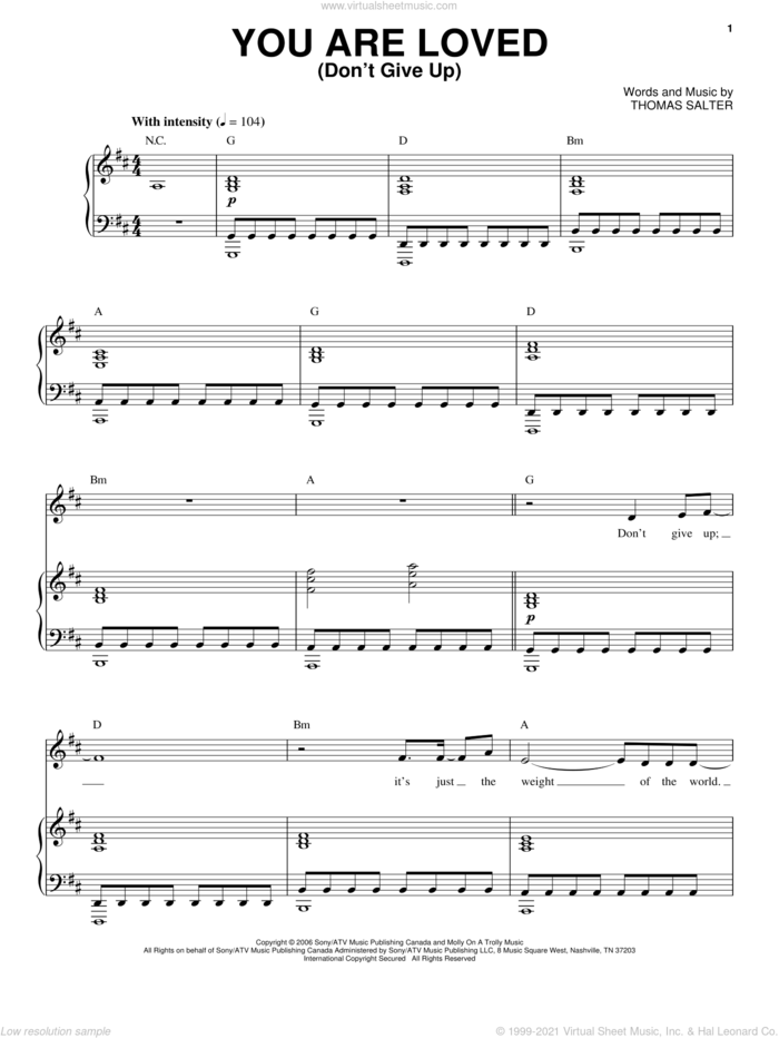 You Are Loved (Don't Give Up) sheet music for voice and piano by Josh Groban and Thomas Salter, intermediate skill level