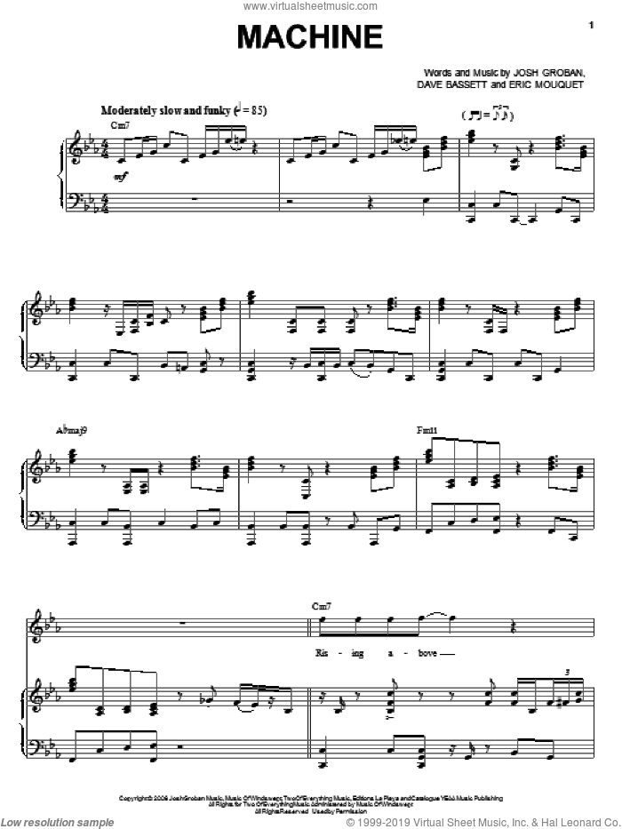 Machine sheet music for voice and piano by Josh Groban, Dave Bassett and Eric Mouquet, intermediate skill level
