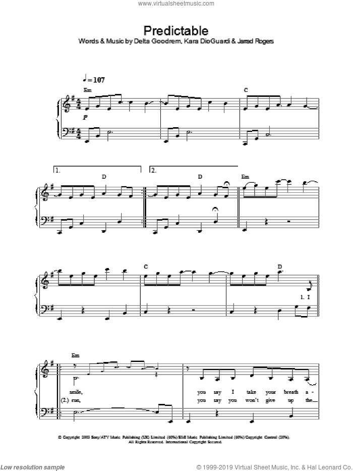 Predictable sheet music for piano solo by Delta Goodrem, intermediate skill level