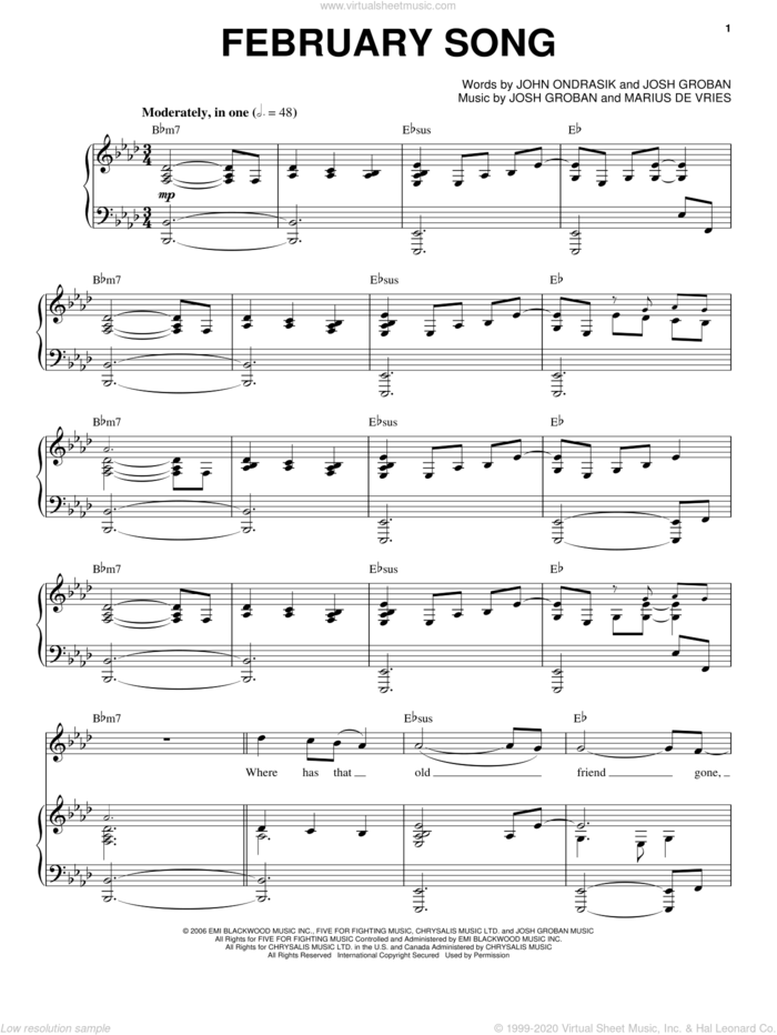 February Song sheet music for voice and piano by Josh Groban, John Ondrasik and Marius De Vries, intermediate skill level
