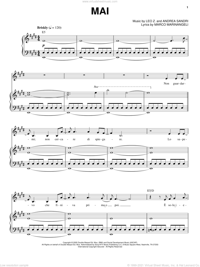 Mai sheet music for voice and piano by Josh Groban, Andrea Sandri, Leo Z. and Marco Marinangeli, intermediate skill level