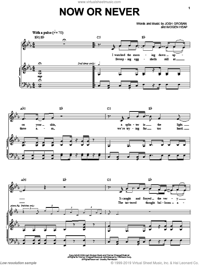 Now Or Never sheet music for voice and piano by Josh Groban and Imogen Heap, intermediate skill level