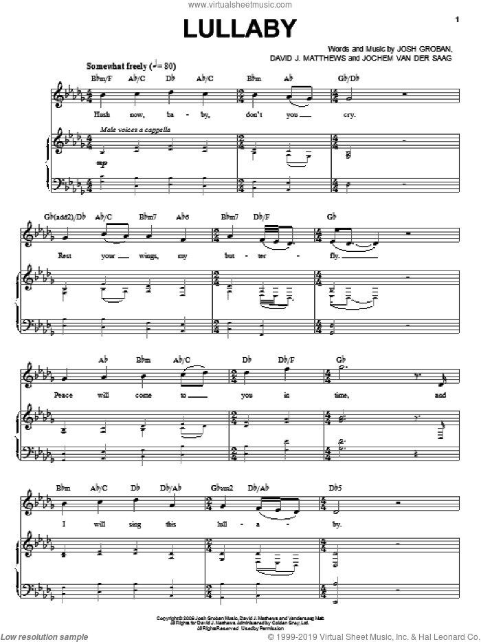 Lullaby sheet music for voice and piano by Josh Groban, Dave Matthews and Jochem Van Der Saag, intermediate skill level