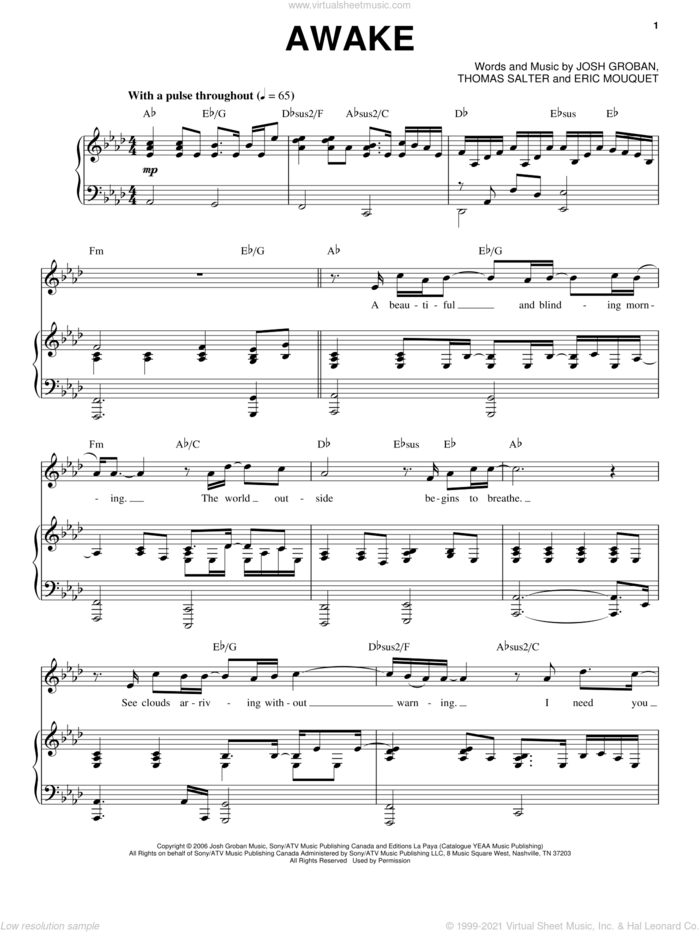 Awake sheet music for voice and piano by Josh Groban, Eric Mouquet and Thomas Salter, intermediate skill level