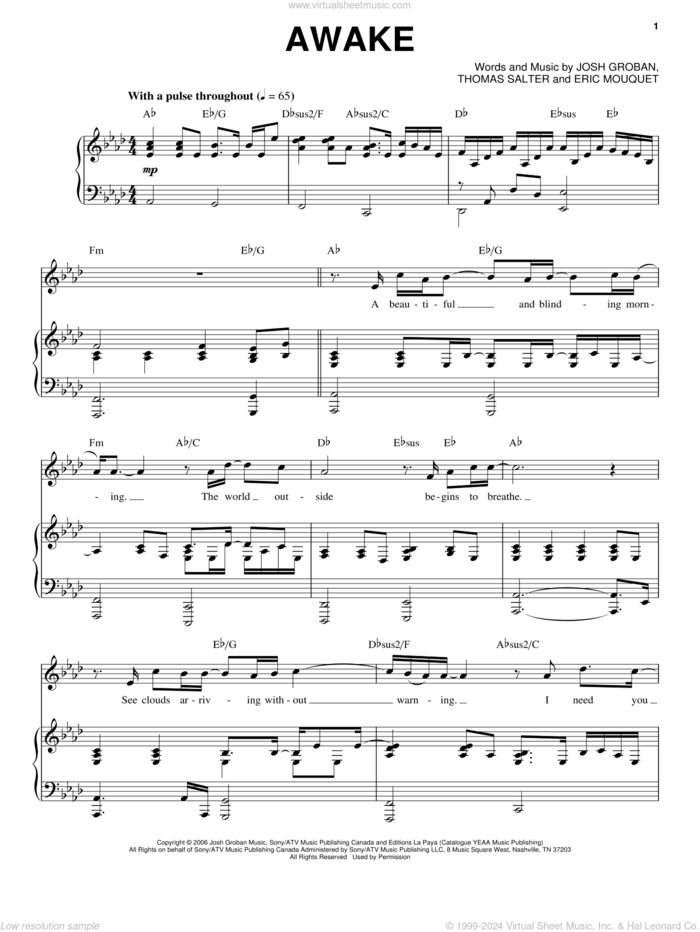 Awake sheet music for voice and piano by Josh Groban, Eric Mouquet and Thomas Salter, intermediate skill level