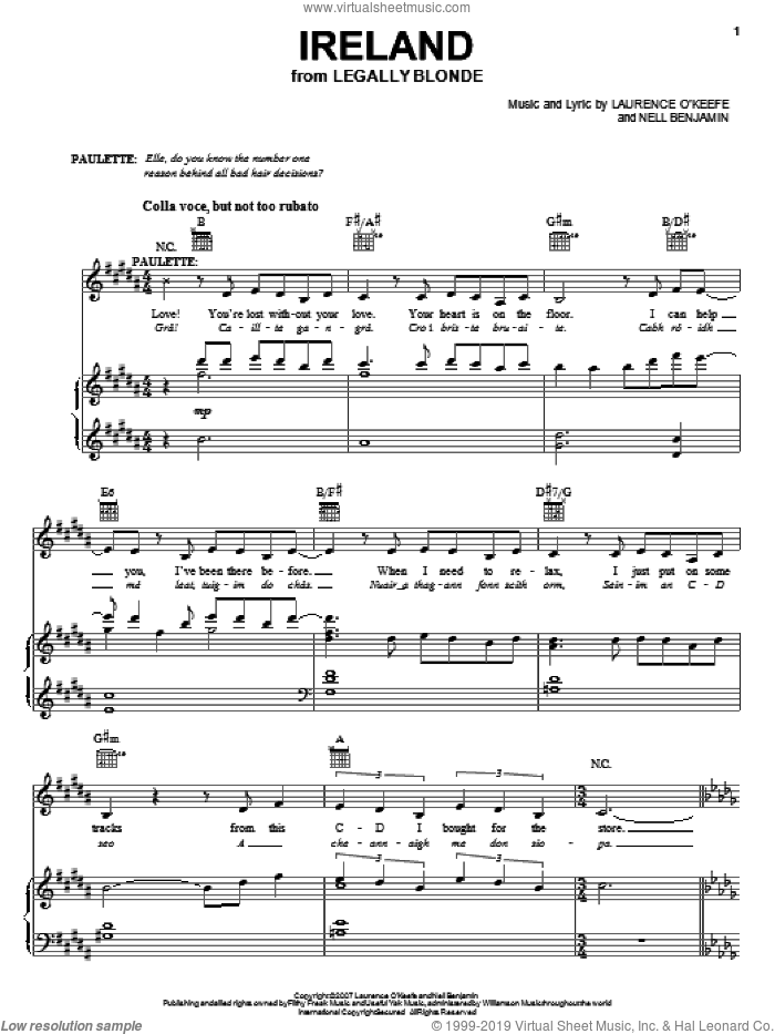 Ireland sheet music for voice, piano or guitar by Legally Blonde The Musical and Nell Benjamin, intermediate skill level