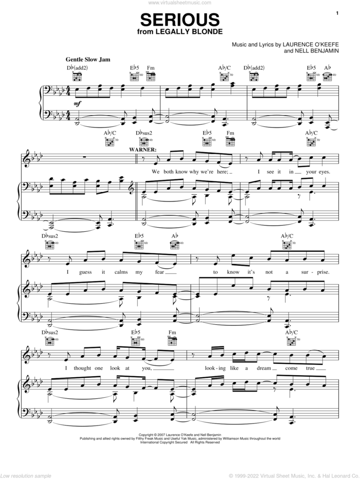 Serious sheet music for voice, piano or guitar by Legally Blonde The Musical and Nell Benjamin, intermediate skill level