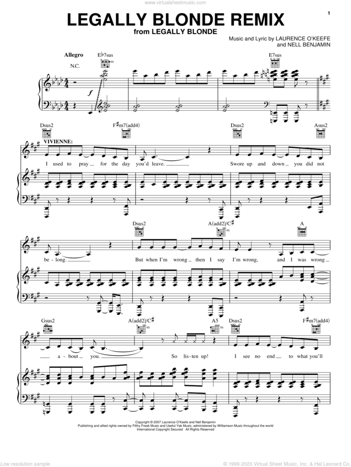 Legally Blonde Remix sheet music for voice, piano or guitar by Legally Blonde The Musical and Nell Benjamin, intermediate skill level