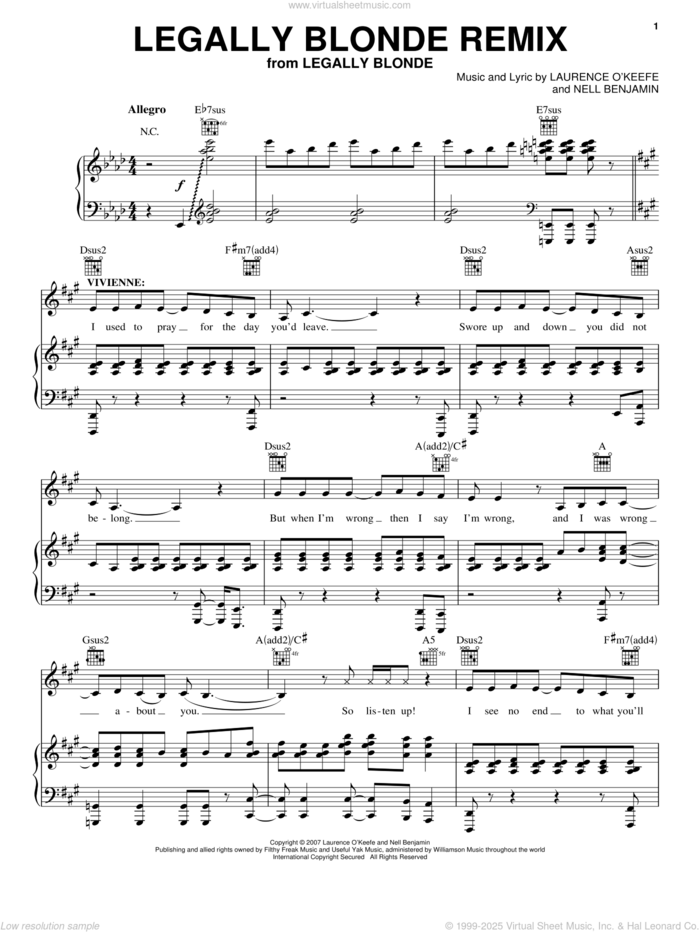 Legally Blonde Remix sheet music for voice, piano or guitar by Legally Blonde The Musical and Nell Benjamin, intermediate skill level