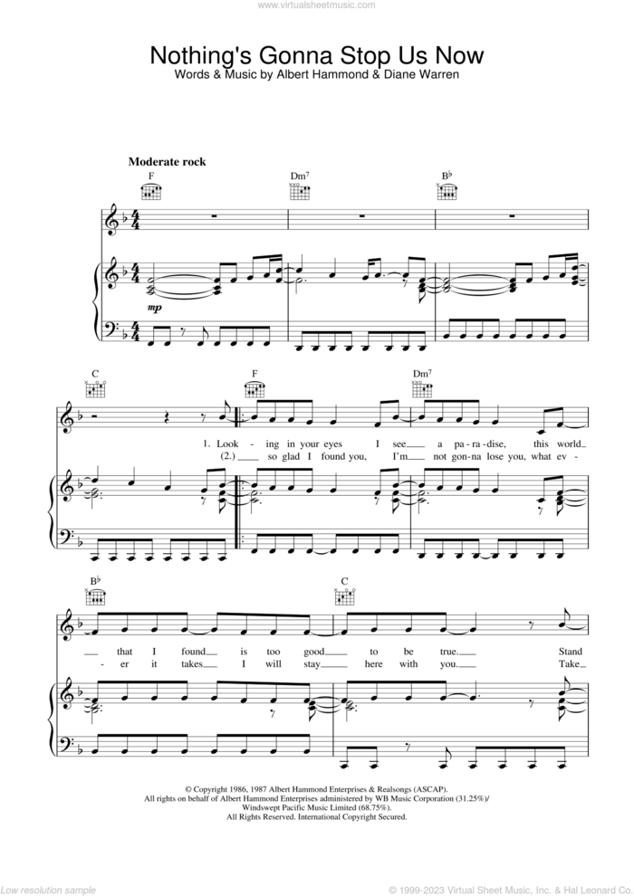 Nothing's Gonna Stop Us Now sheet music for voice, piano or guitar by Starship, Albert Hammond and Diane Warren, intermediate skill level