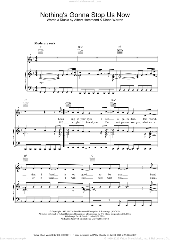 Nothing's Gonna Stop Us Now sheet music for voice, piano or guitar by Starship, Albert Hammond and Diane Warren, intermediate skill level