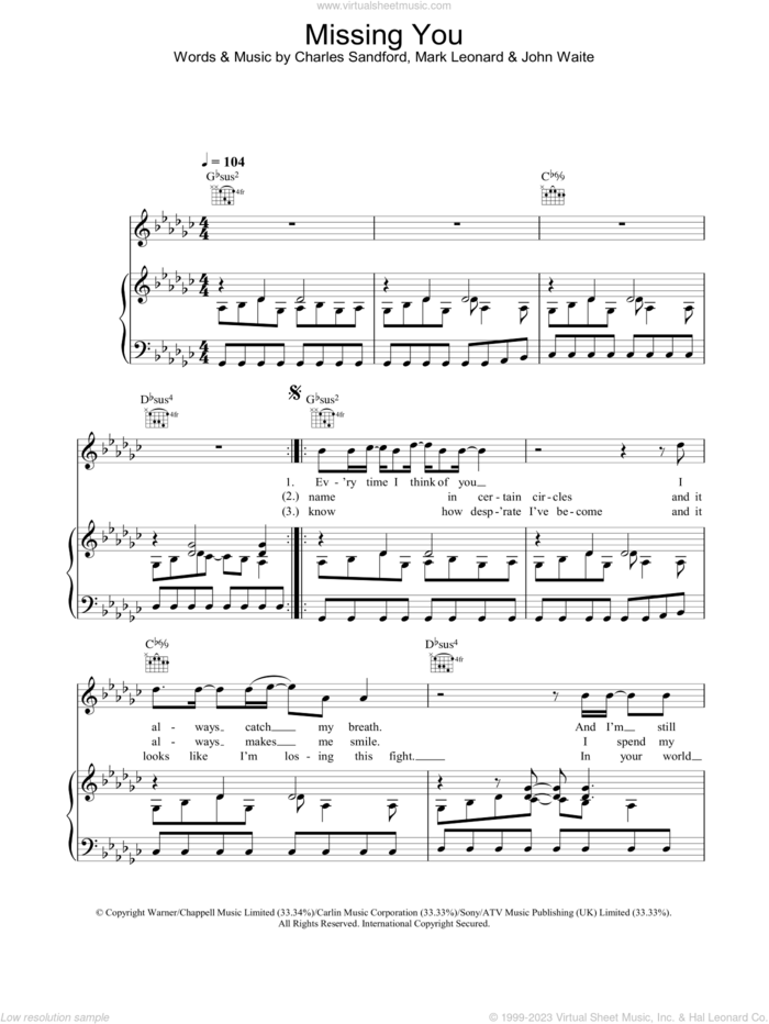 Missing You sheet music for voice, piano or guitar by John Waite, intermediate skill level