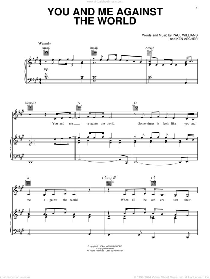 You And Me Against The World sheet music for voice, piano or guitar by Helen Reddy, Ken Ascher and Paul Williams, wedding score, intermediate skill level