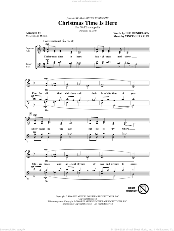 Christmas Time Is Here (arr. Robert Sterling) sheet music for choir (SATB: soprano, alto, tenor, bass) by Vince Guaraldi, Jerry Rubino, Lee Mendelson and Michelle Weir, intermediate skill level