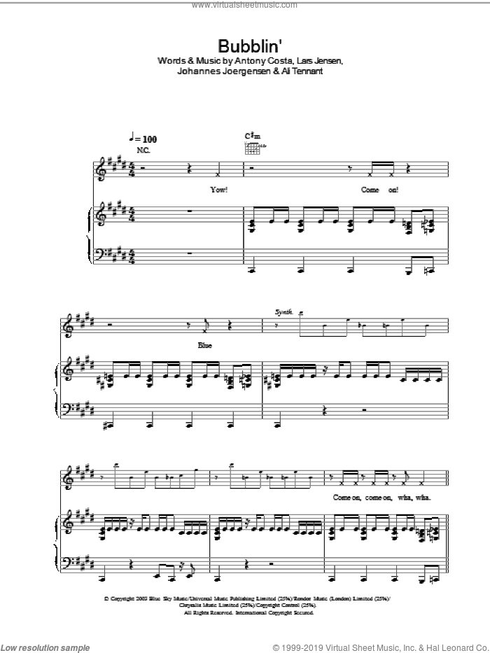 Bubblin' sheet music for voice, piano or guitar, intermediate skill level