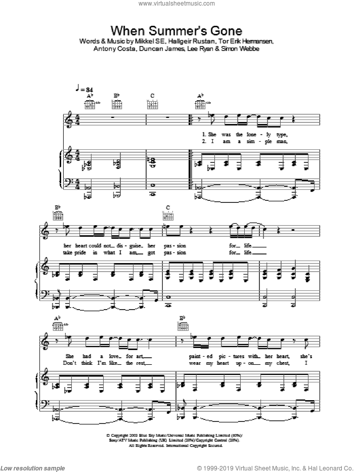 When Summer's Gone sheet music for voice, piano or guitar, intermediate skill level