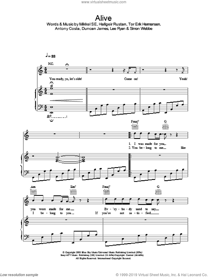 Alive sheet music for voice, piano or guitar, intermediate skill level