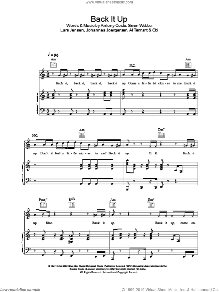 Back It Up sheet music for voice, piano or guitar, intermediate skill level