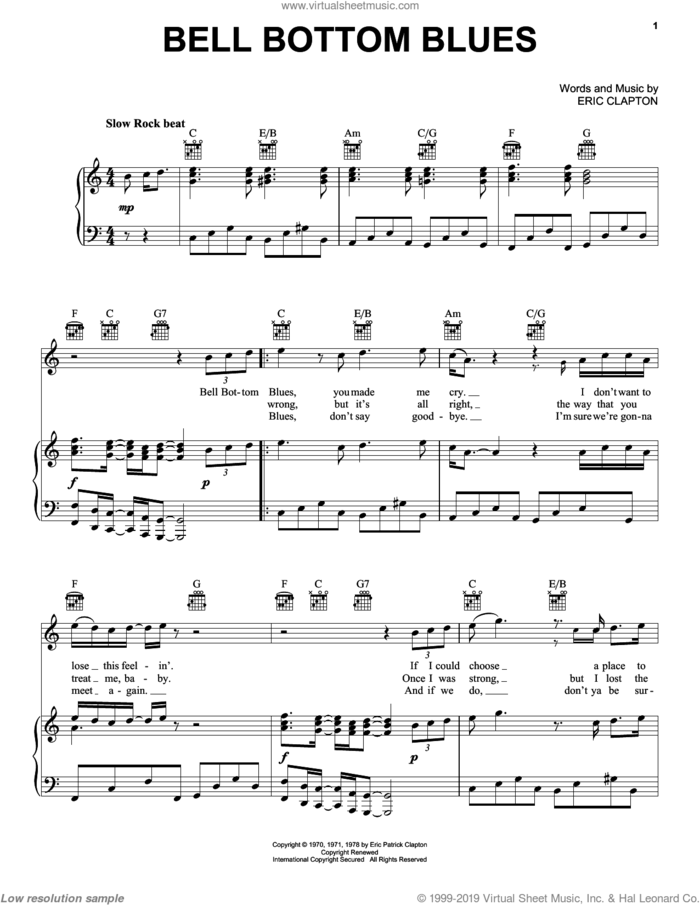 Bell Bottom Blues sheet music for voice, piano or guitar by Derek And The Dominos and Eric Clapton, intermediate skill level
