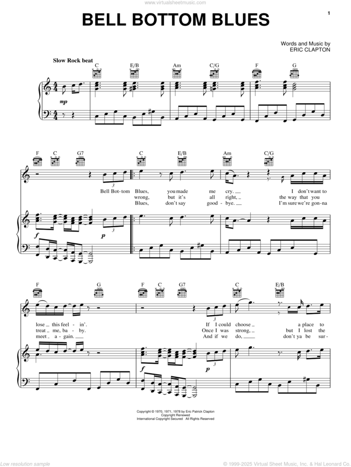 Bell Bottom Blues sheet music for voice, piano or guitar by Derek And The Dominos and Eric Clapton, intermediate skill level