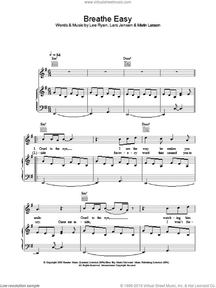 Breathe Easy sheet music for voice, piano or guitar, intermediate skill level