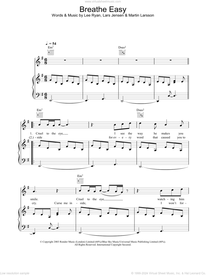 Breathe Easy sheet music for voice, piano or guitar, intermediate skill level