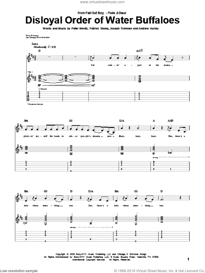 Disloyal Order Of Water Buffaloes sheet music for guitar (tablature) by Fall Out Boy, Andrew Hurley, Joseph Trohman, Patrick Stump and Peter Wentz, intermediate skill level