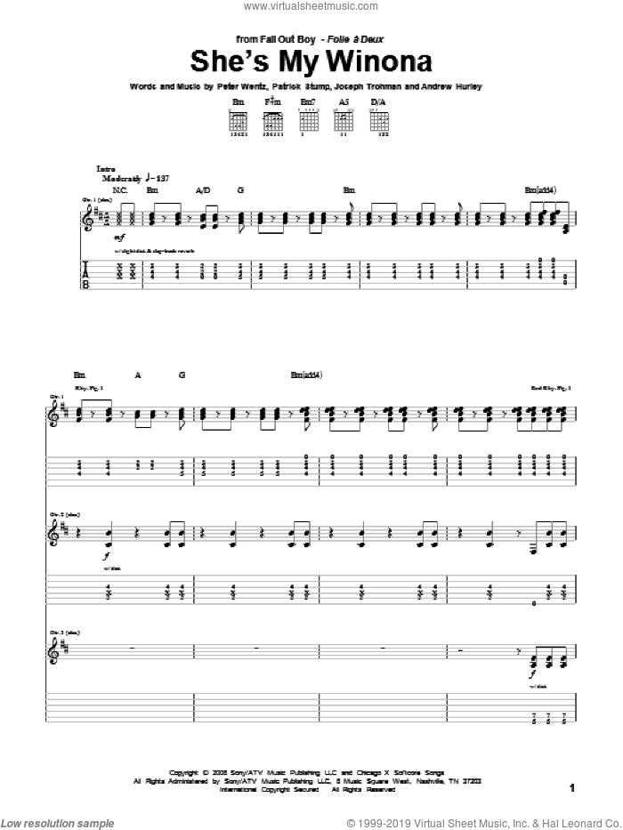 She's My Winona sheet music for guitar (tablature) by Fall Out Boy, Andrew Hurley, Joseph Trohman, Patrick Stump and Peter Wentz, intermediate skill level