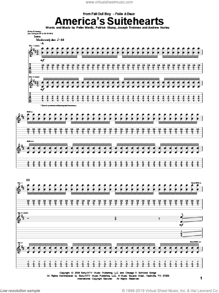 America's Suitehearts sheet music for guitar (tablature) by Fall Out Boy, Andrew Hurley, Joseph Trohman, Patrick Stump and Peter Wentz, intermediate skill level