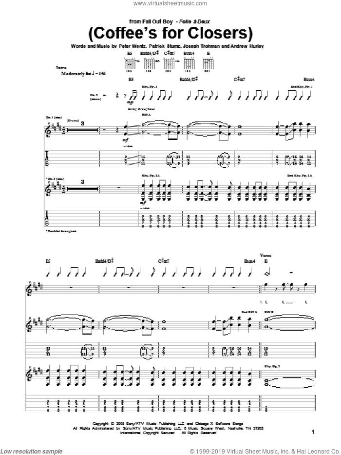 (Coffee's For Closers) sheet music for guitar (tablature) by Fall Out Boy, Andrew Hurley, Joseph Trohman, Patrick Stump and Peter Wentz, intermediate skill level