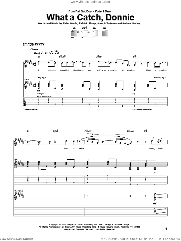 What A Catch, Donnie sheet music for guitar (tablature) by Fall Out Boy, Andrew Hurley, Joseph Trohman, Patrick Stump and Peter Wentz, intermediate skill level