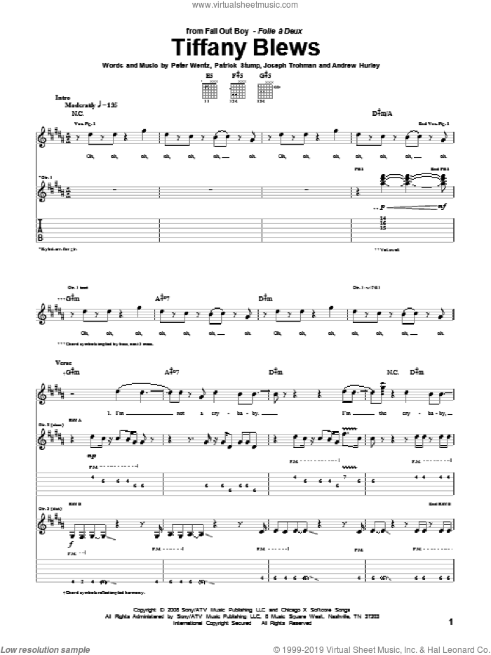 Tiffany Blews sheet music for guitar (tablature) by Fall Out Boy, Andrew Hurley, Joseph Trohman, Patrick Stump and Peter Wentz, intermediate skill level